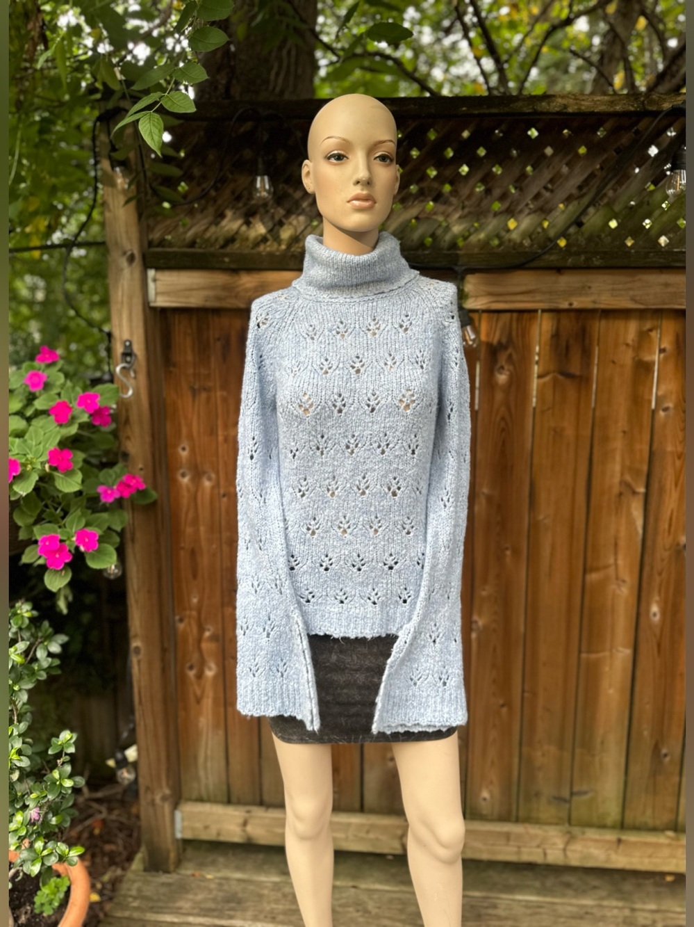 Open-Knit Turtleneck Pullover Sweater with Bell Sleeves